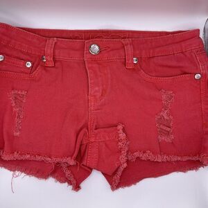 Rue21 Jean Shorts Junior’s Denim Pink Red Frayed Hem Daisy Duke Size 3/4